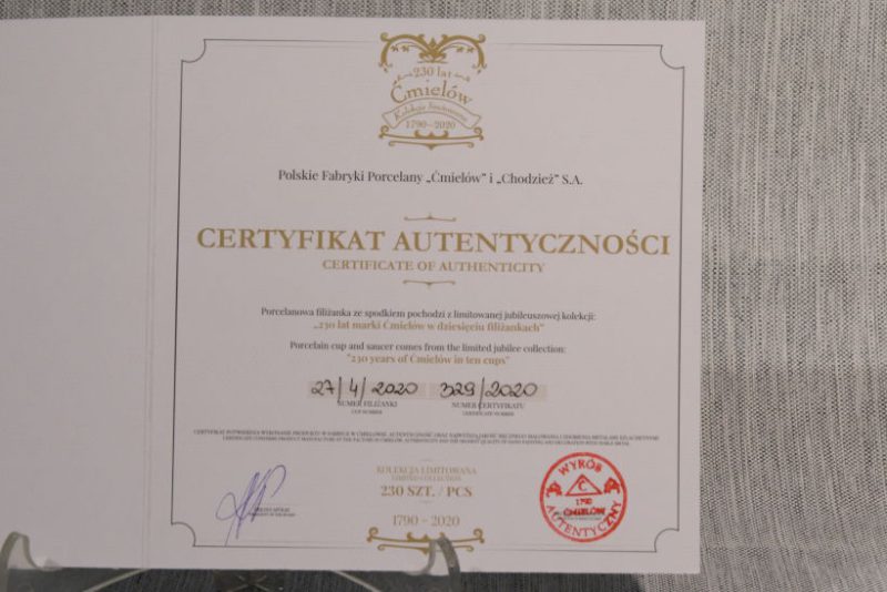Filiżanki Jubileuszowe certyfikat